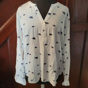 Bass Womens Elephant Print Long Sleeve Blouse White/Blue XL